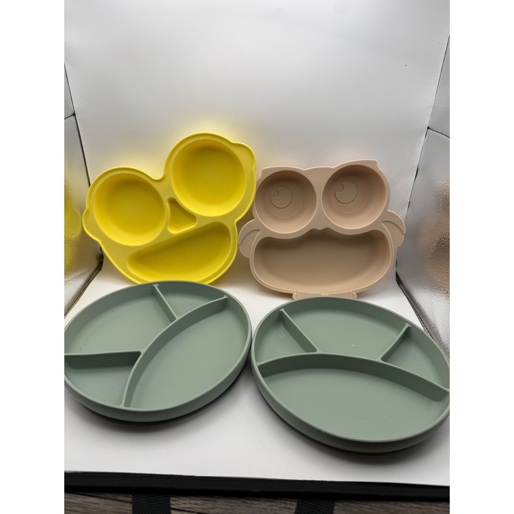 Cloud Island Silicone Divided Plate Set 4pc Owl Bear Sage Green Yellow Tan